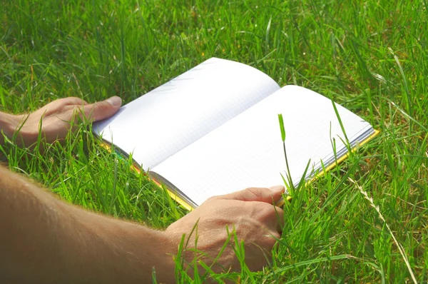 Geopende boek op het gras — Stockfoto