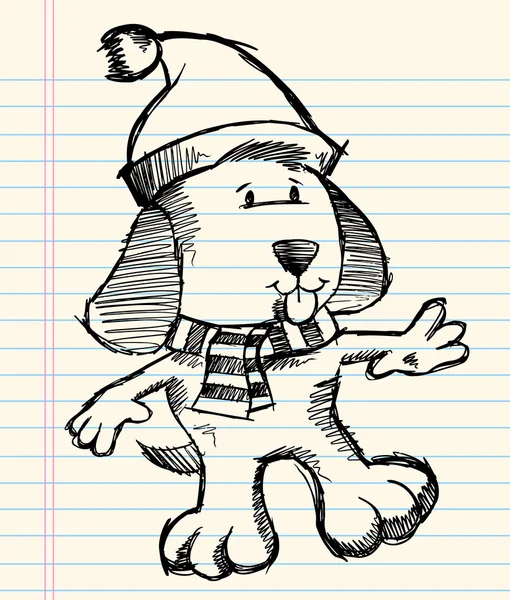 Doodle skica dovolená zimní vánoční štěně psa vektorové umění kreslení úsporných — Stockový vektor