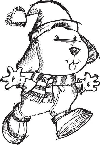 Doodle Esboço Férias Inverno Natal Filhote de cachorro Dog Vector Arte Desenho Illustr —  Vetores de Stock