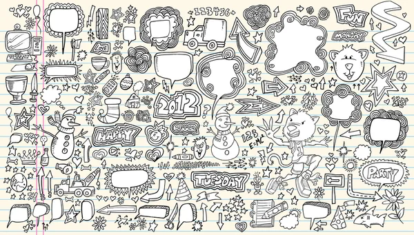 Laptop doodle toespraak bubble elementen mega vector illustratie ontwerpset — Stockvector