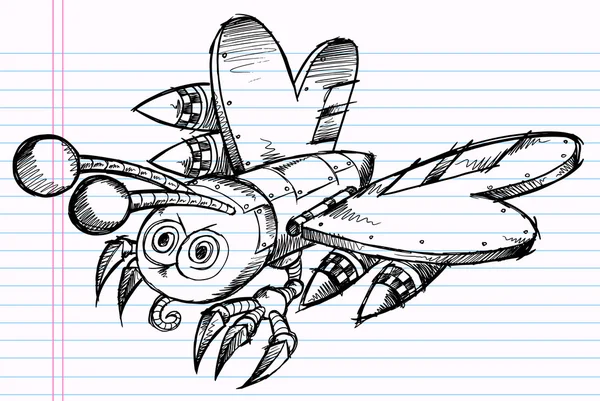 Notebook Sketch Doodle Battle Robot Butterfly Drawing Vector Illustration A - Stok Vektor
