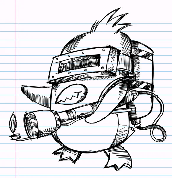 Caderno Sketch Doodle Penguin Commando Desenho Vetor Ilustração Arte — Vetor de Stock