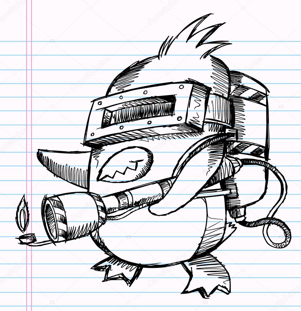 Notebook Sketch Doodle Penguin Commando Drawing Vector Illustration Art