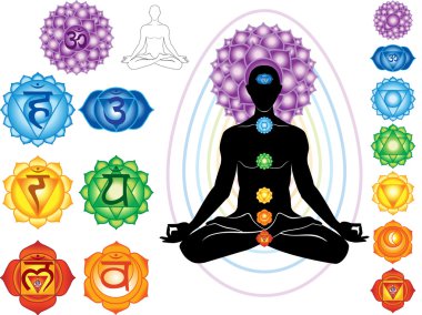Silhouette of man with symbols of chakra