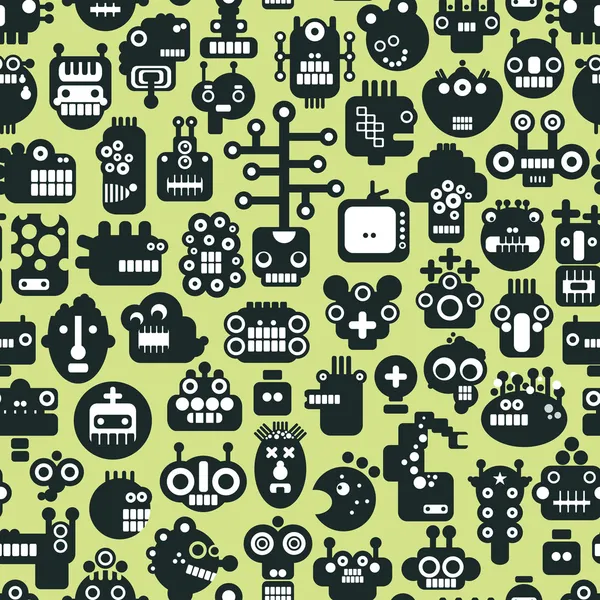 Roboty kreskówka twarze wzór na zielono. — Wektor stockowy