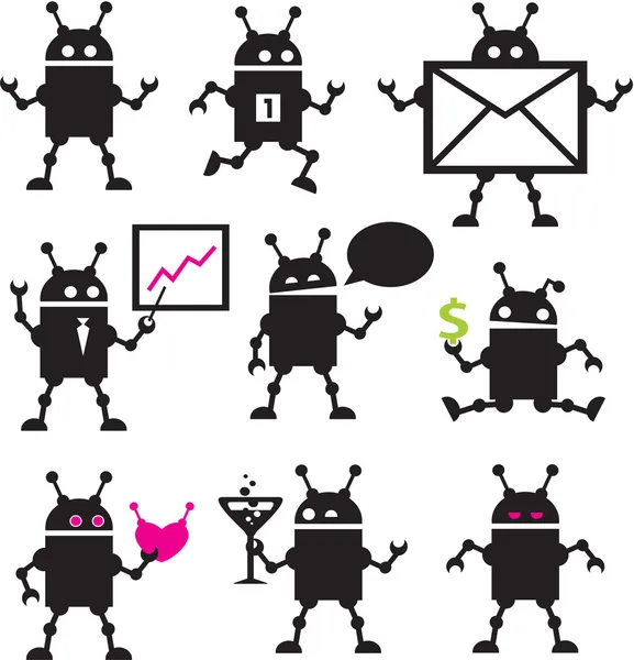 Cute robot icons black and white. Vector set. — Stock Vector