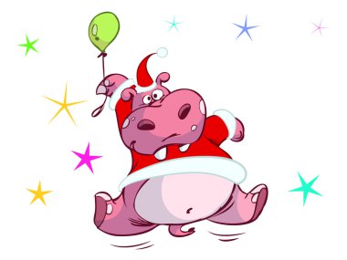 Cute pink santa hippo floating on balloon clipart