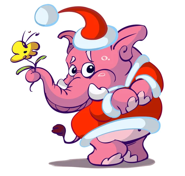 Niedlichen rosa Weihnachtsmann Elefant mit Blume — Stockvektor