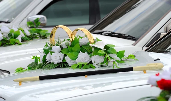 stock image Beautiful floral decoration is on a wedding car