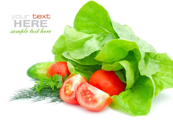 Verduras frescas y ensalada verde aisladas sobre fondo blanco — Foto de Stock