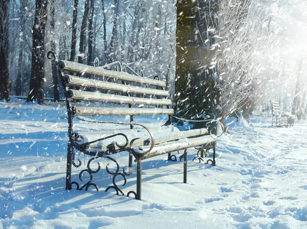 Ławka w parku, pokryte śniegiem — Zdjęcie stockowe