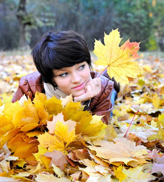 Chica en otoño con hojas de arce — Foto de Stock
