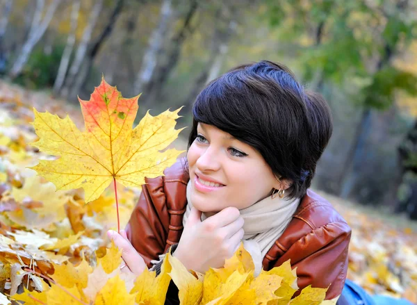 Девушка осенью с кленовыми листьями — стоковое фото