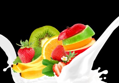 Splashing milk with fruit mix clipart