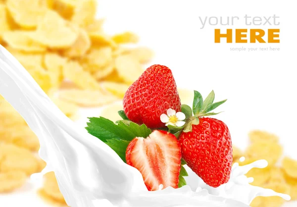 Milk splash with strawberry on corn flakes background — Stockfoto