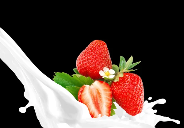 Splashing milk with strawberry — Stock Photo, Image