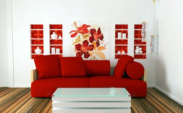 室内设计的白色和红色的客厅 — 图库照片