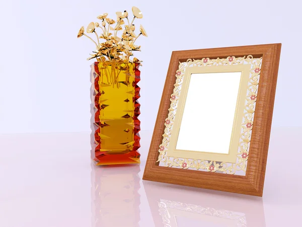 Wooden frame with vase on the table — Stock Photo, Image