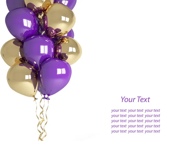 Happy birthday gold and purple balloons isolated on white backgr — Stock Photo, Image