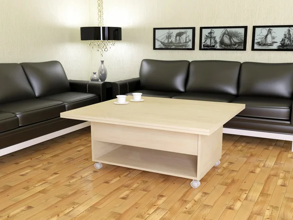 Moderno salón con dos sofás negros y mesa de centro —  Fotos de Stock