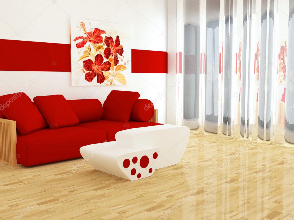 Interior design of white and red living room