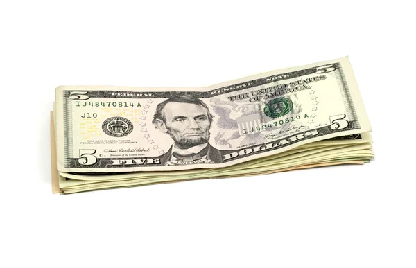 Nota de cinco dólares americana isolada sobre branca — Fotografia de Stock