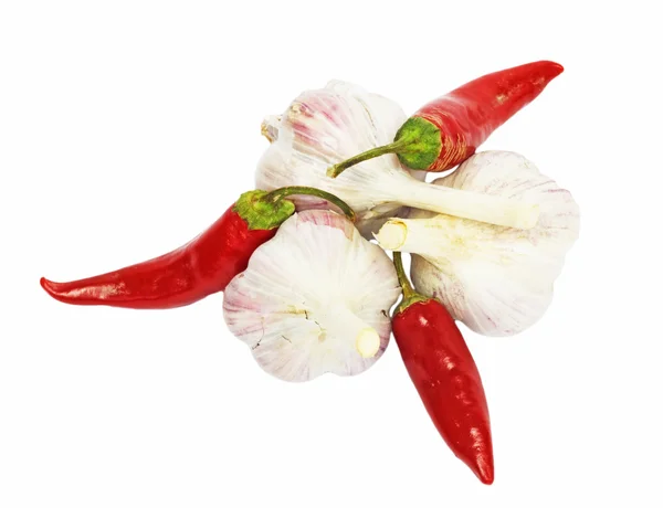 Red chili pepper with garlic on white — Stock Photo, Image
