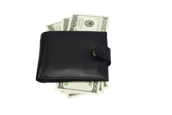 Один черный кошелек с большой пачкой долларов — стоковое фото