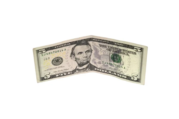 Banknot pięć Dolar amerykański na białym tle nad białym — Zdjęcie stockowe