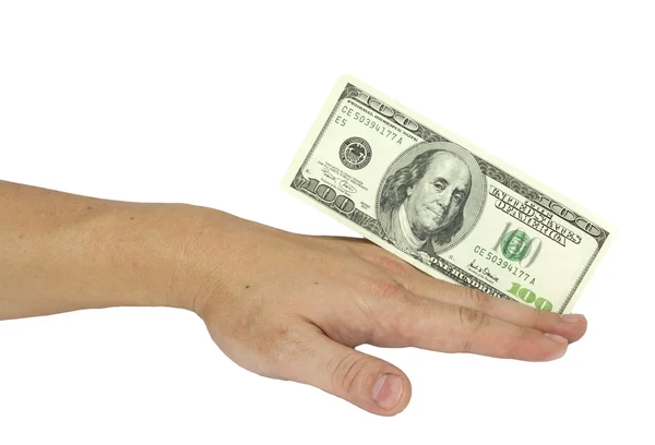 El ile üzerine beyaz izole dolarlık banknotlar — Stok fotoğraf