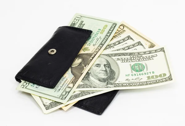 Leather black wallet with ten and hundred dollars — Stock Photo, Image