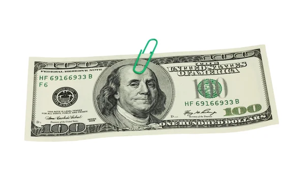 Honderd dollar bill op wit, zachte slagschaduw — Stockfoto