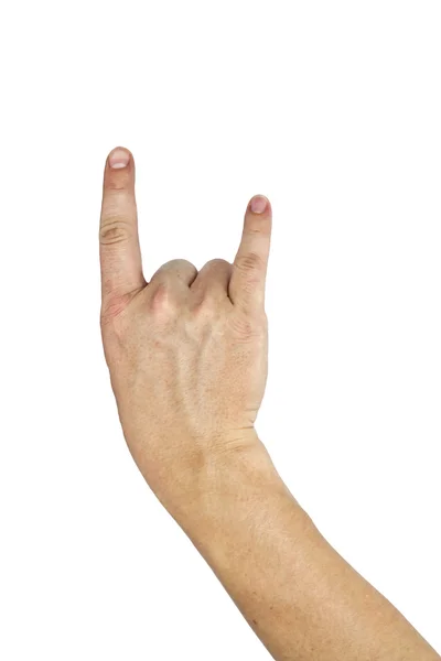 Rock'n roll işaret veren bir adamın elini. — Stok fotoğraf
