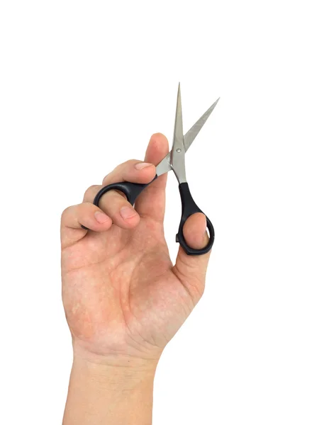 Mano con tijeras para cortar el cabello, aisladas en blanco — Foto de Stock