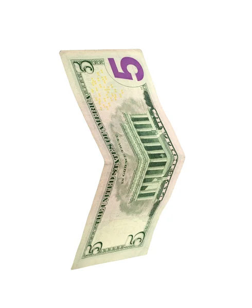 Банкнота за пять долларов, изолированная над белым — стоковое фото