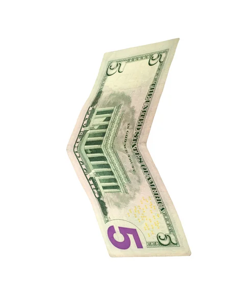 Nota de cinco dólares americana isolada sobre branca — Fotografia de Stock