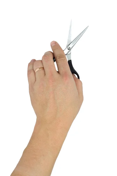 Main avec ciseaux à couper les cheveux, isolé sur blanc — Photo