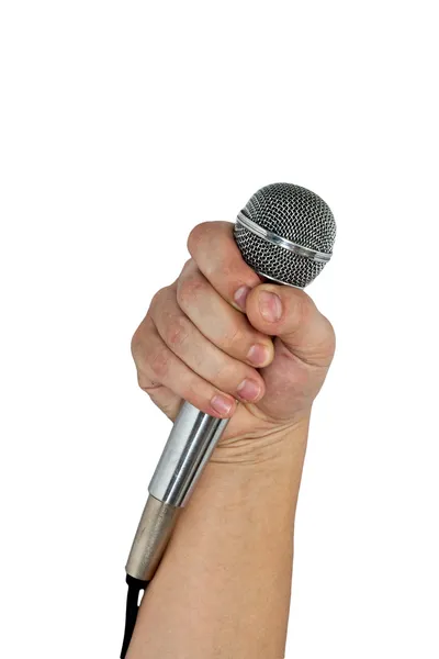 Microfono in mano isolato su bianco — Foto Stock