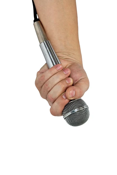 Micrófono en mano aislado en blanco — Foto de Stock