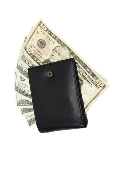 One black purse with the big pack of dollars — Stock Photo, Image
