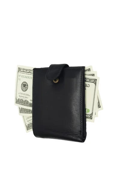 Eine schwarze Handtasche mit dem großen Pack Dollars — Stockfoto