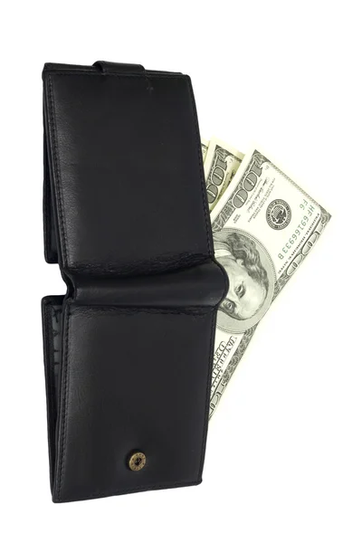 Один чорний гаманець з великою пачкою доларів — стокове фото