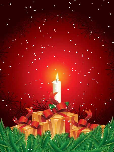 Christmas gift packages with candle and pine leaves — Stock Vector