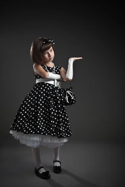 Standing elegant old-fashioned dressed little girl — Stock Photo, Image