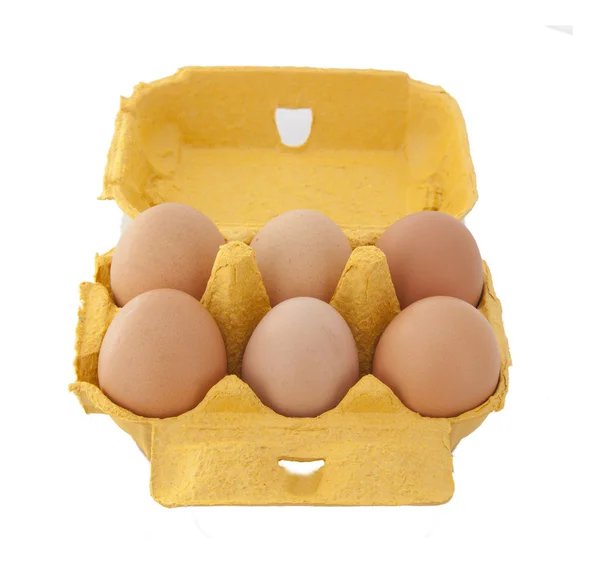Stock Photo: Half dozen fresh eggs in box made of recycled paper — Stock Photo, Image