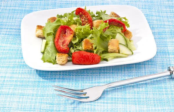 stock image Green Salad with sun dried tomatoes over blue background