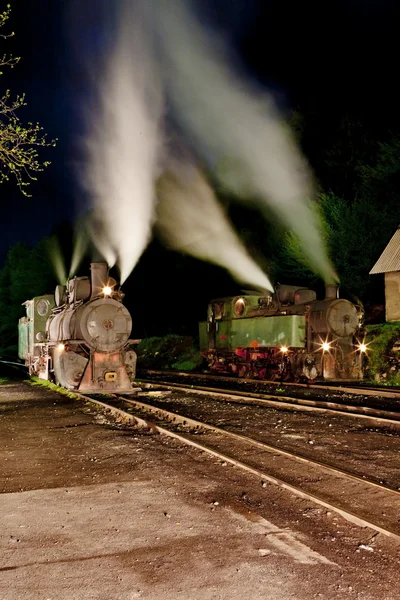 Locomotives à vapeur la nuit, Oskova, Bosnie-Herzégovine — Photo