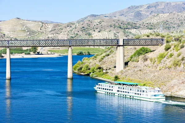 Σιδηροδρομική κοιλαδογέφυρα και κρουαζιέρα πλοίων στην κοιλάδα douro, pocinho, portug — Φωτογραφία Αρχείου