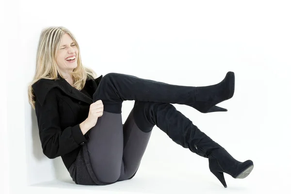 Woman wearing fashionable black boots — Stock Photo, Image