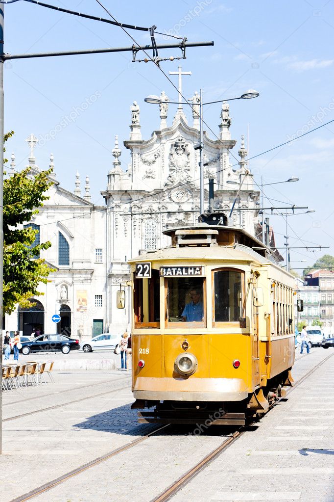 Tram in front of Carmo Church (Igreja do Carmo), Porto, Portugal